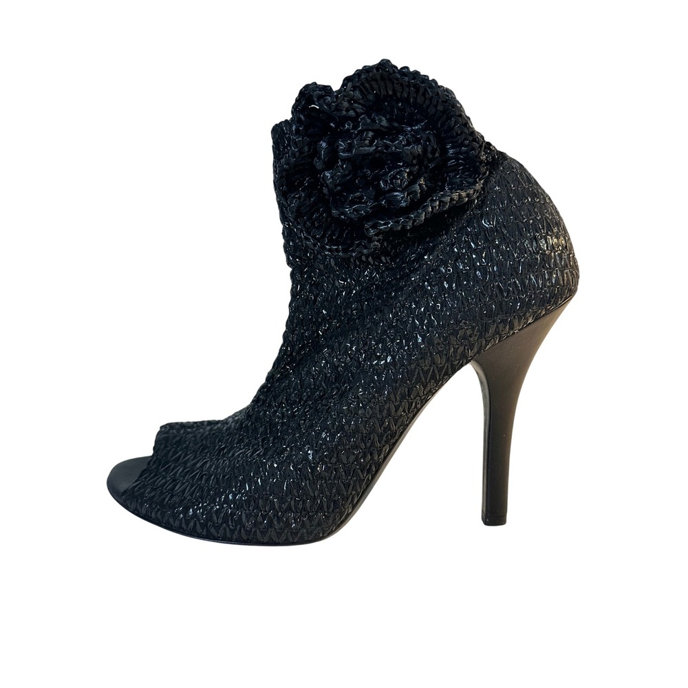 Dolce & Gabbana Raffia Straw Peep Toe Ankle Boots Size 39.5 Black Woven Rosette